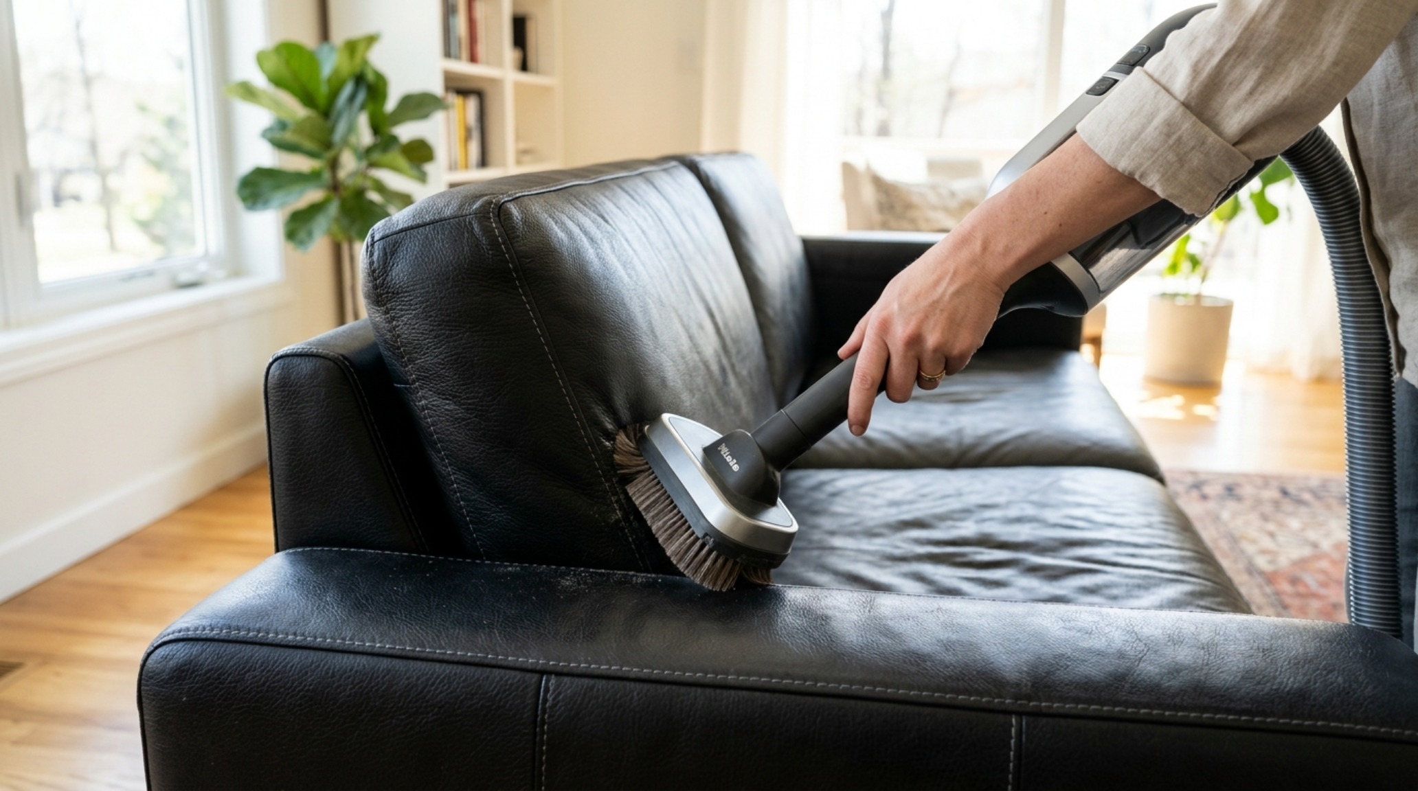 How to maintain a leather sofa through weekly vacuuming of the 18-inch deep crevices using a soft-bristled brush attachment. How to maintain a leather sofa through weekly vacuuming of the 18-inch deep crevices using a soft-bristled brush attachment.