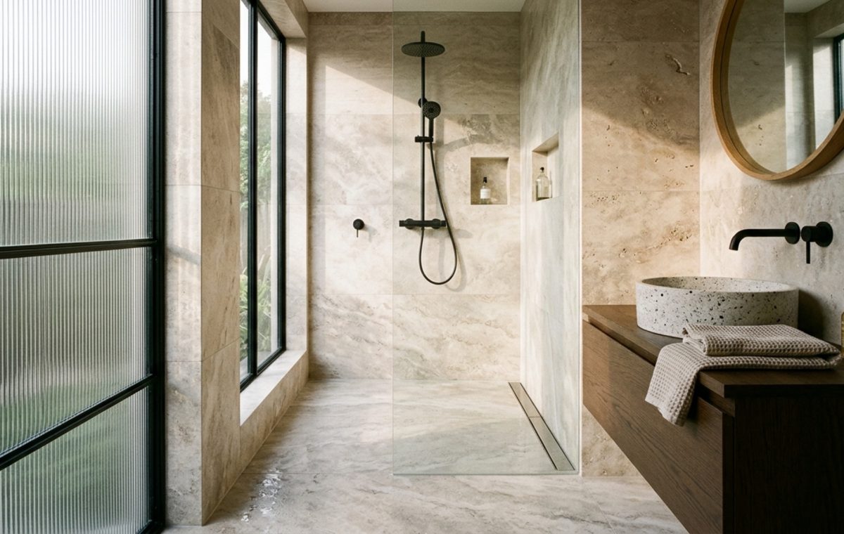 Modern wet room floor plans featuring a seamless transition of honed silver travertine from the floor to the walls with a concealed linear drain.