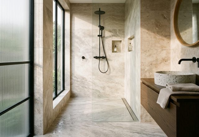 Modern wet room floor plans featuring a seamless transition of honed silver travertine from the floor to the walls with a concealed linear drain.