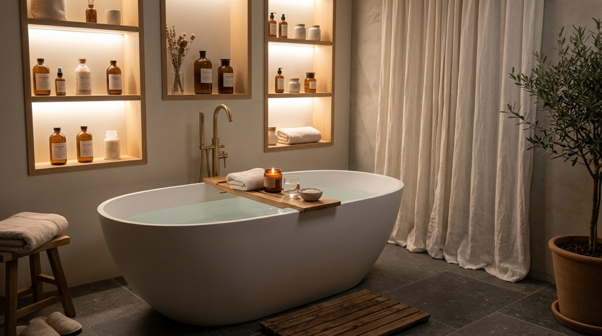 Spa-like sensory lighting highlighting a freestanding resin soaking tub positioned beneath a large window for a mix of natural and diffused artificial light.