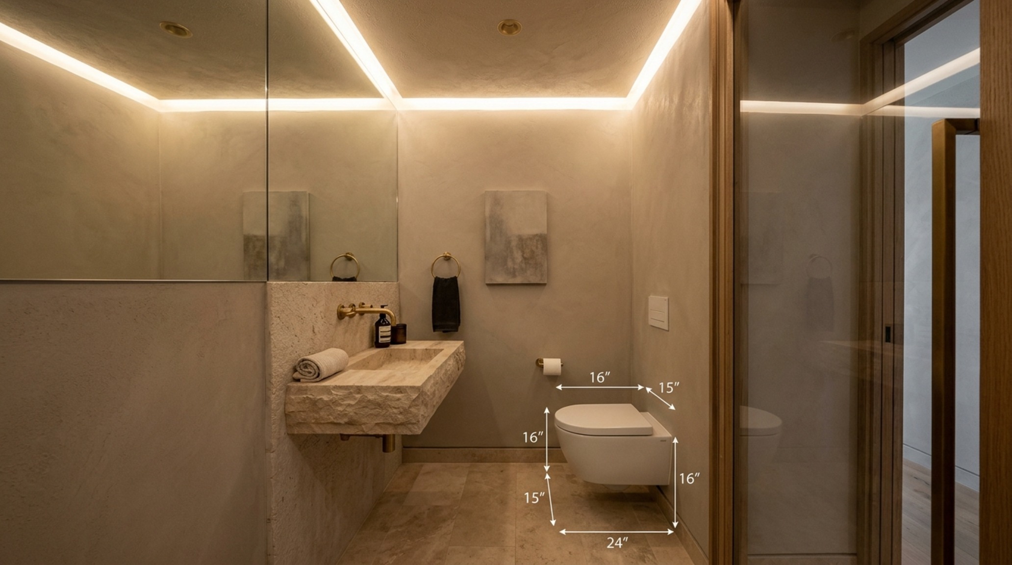Small bathroom clearance measurements for a powder room featuring a pedestal sink and 18-inch clearance from the toilet center to the side wall.
