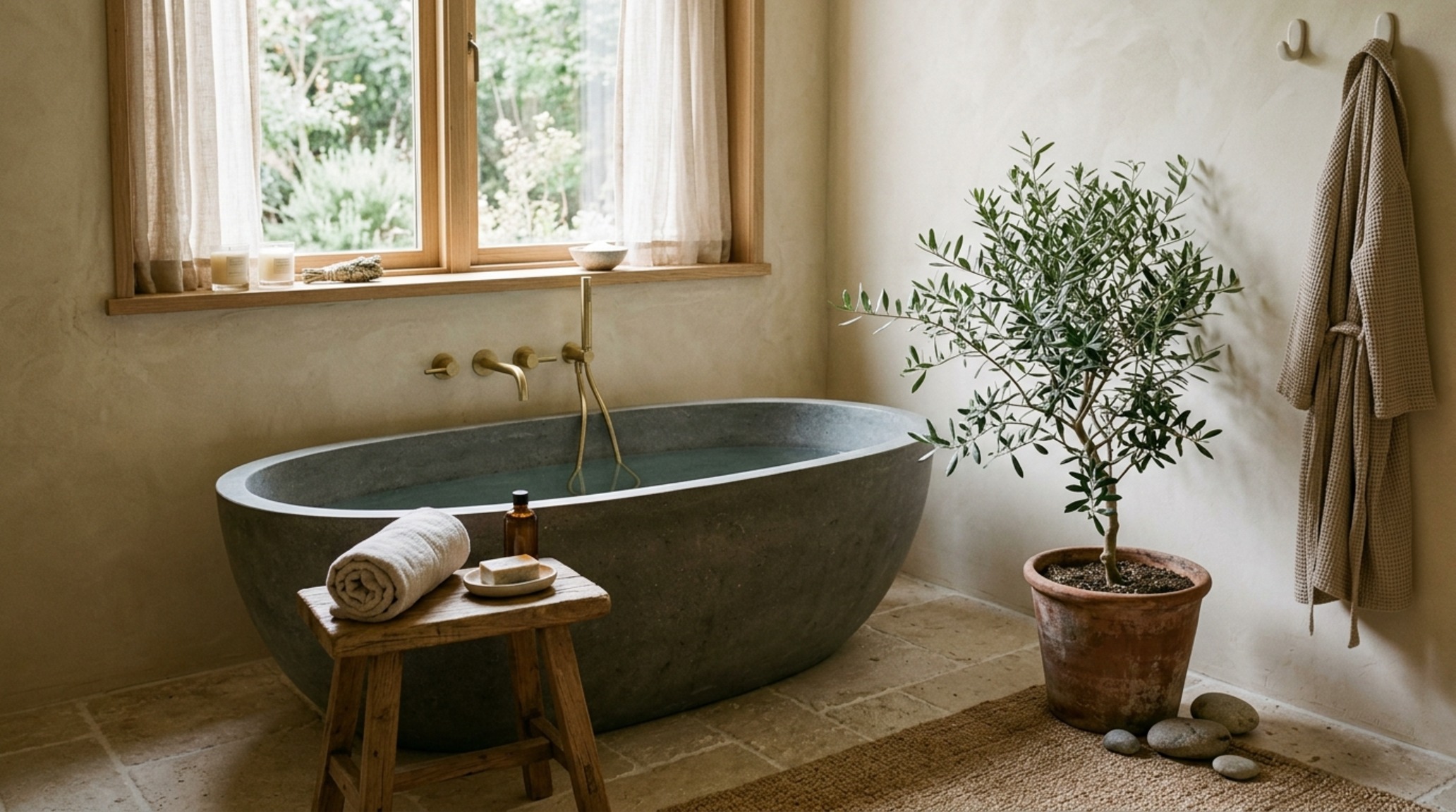 Wellness-centric bathroom design featuring an integrated aromatherapy system and a palette of warm wood and neutral stone for a meditative atmosphere.
