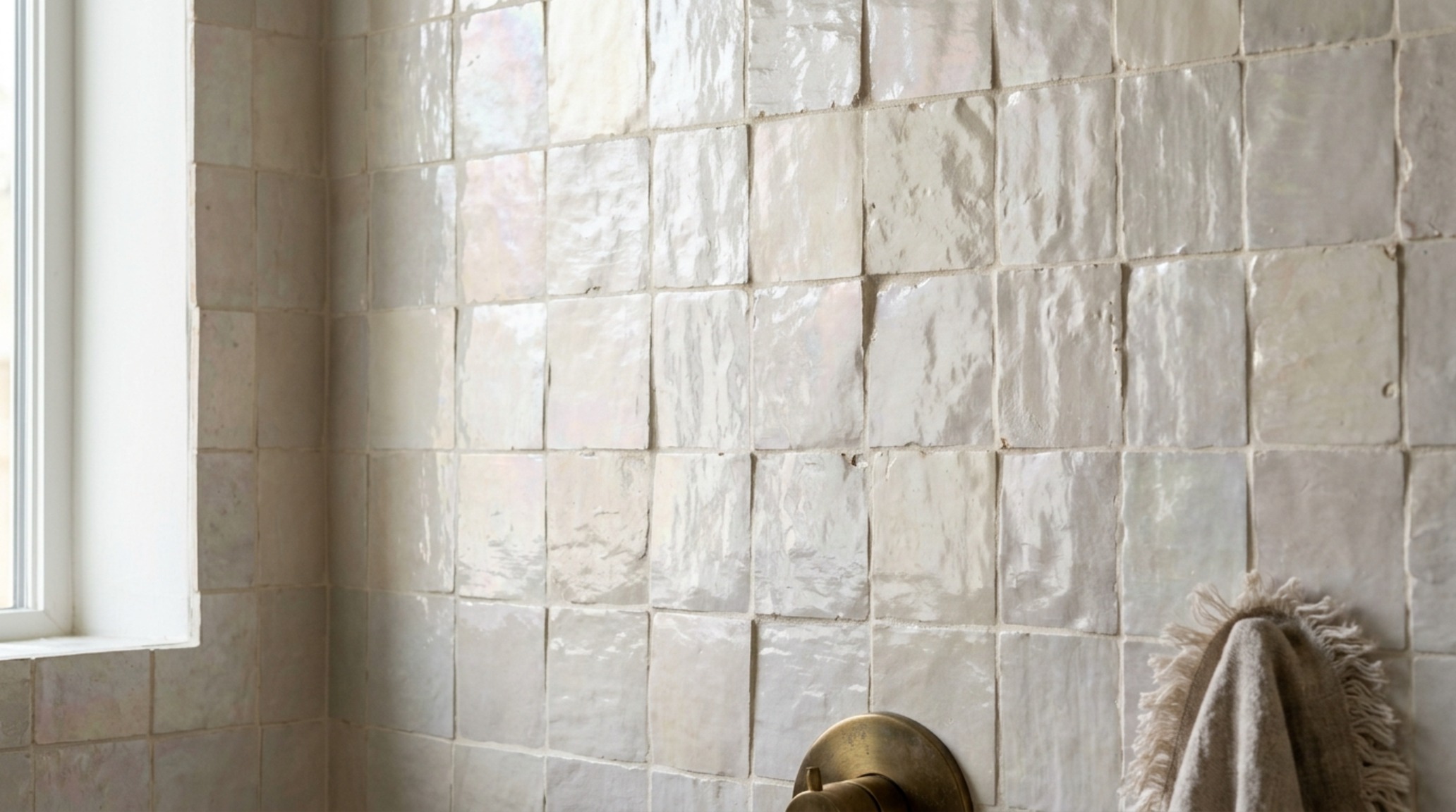 Zellige tile bathroom inspiration showcasing hand-molded clay tiles in a soft blush hue with natural variations in texture and light reflection.