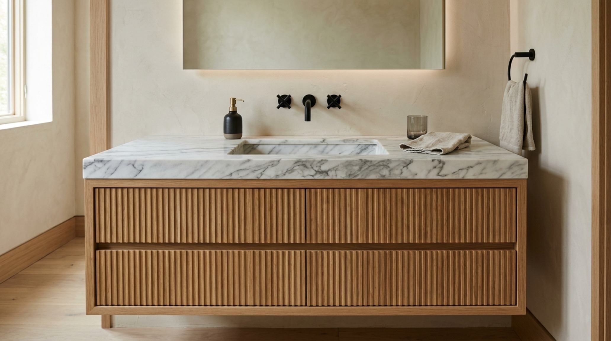 Luxury floating vanity ideas in a minimalist bathroom with a fluted white oak cabinet and integrated marble sink against a plaster wall.