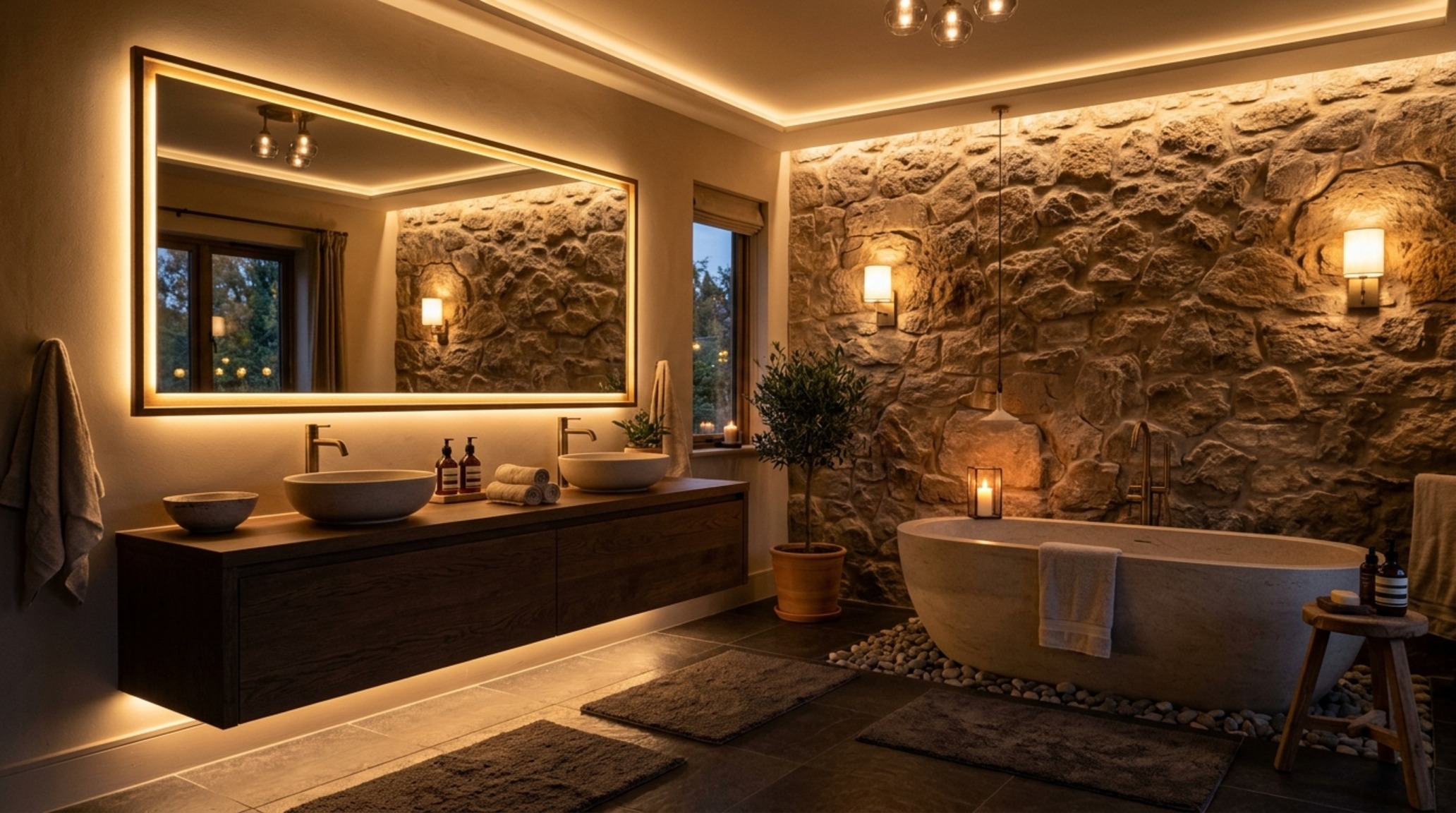 Spa-like sensory lighting in a primary bath featuring recessed warm LED cove lights and architectural sconces at 2700K color temperature.