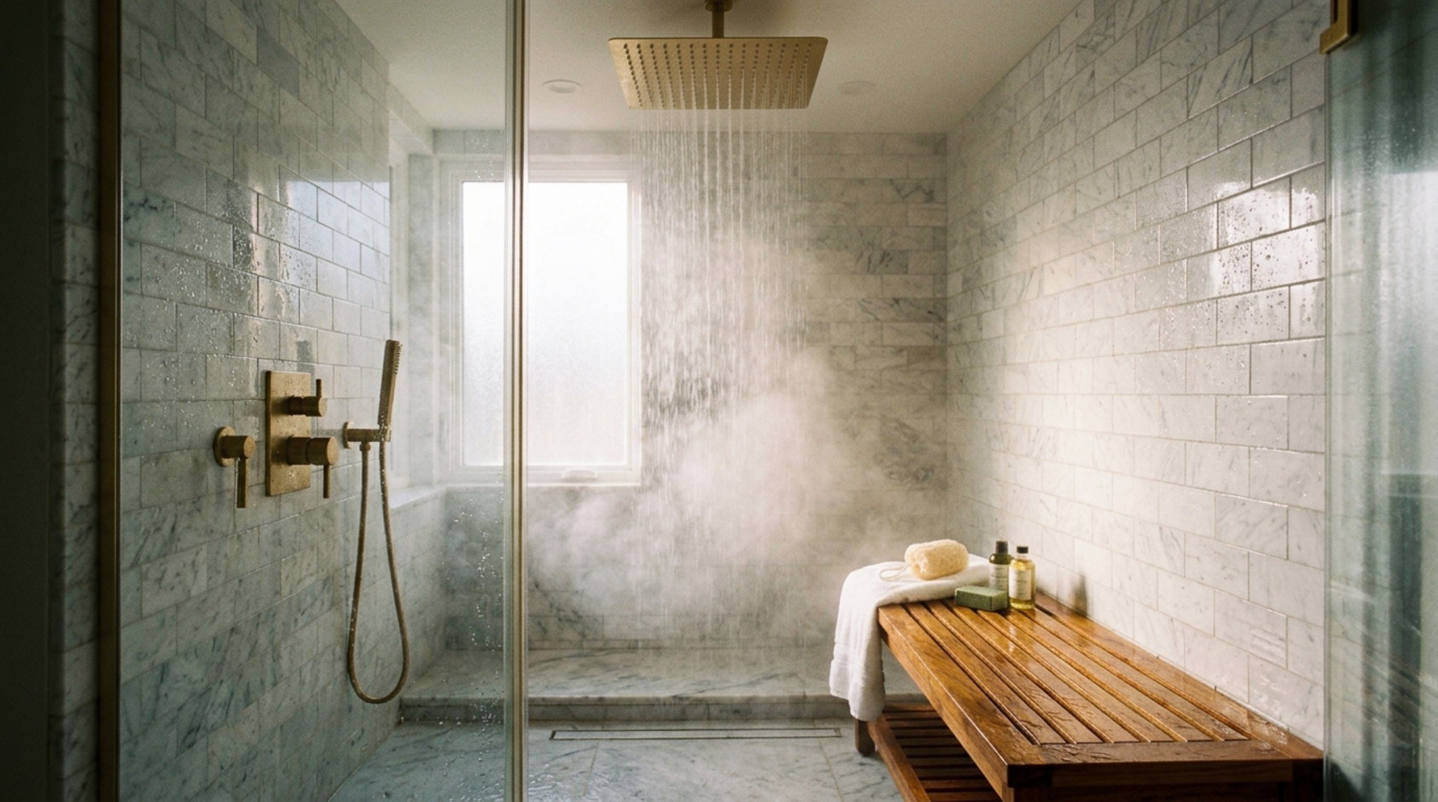 Wellness-centric bathroom design incorporating a steam shower with built-in teak seating and a minimalist rainfall showerhead in brushed bronze.