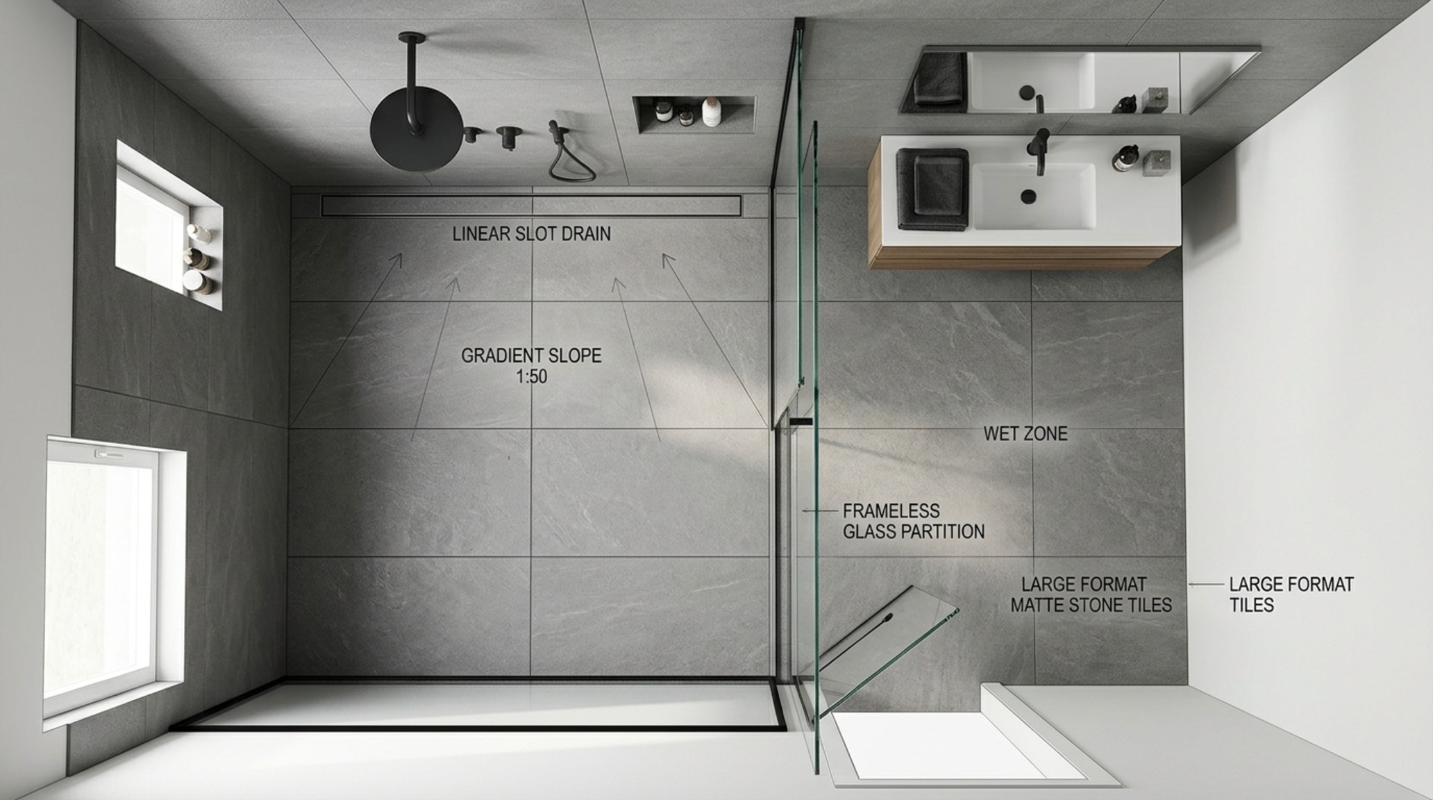 Modern wet room floor plans with large-format porcelain slabs and a glass-enclosed shower zone that enhances the visual volume of the suite.