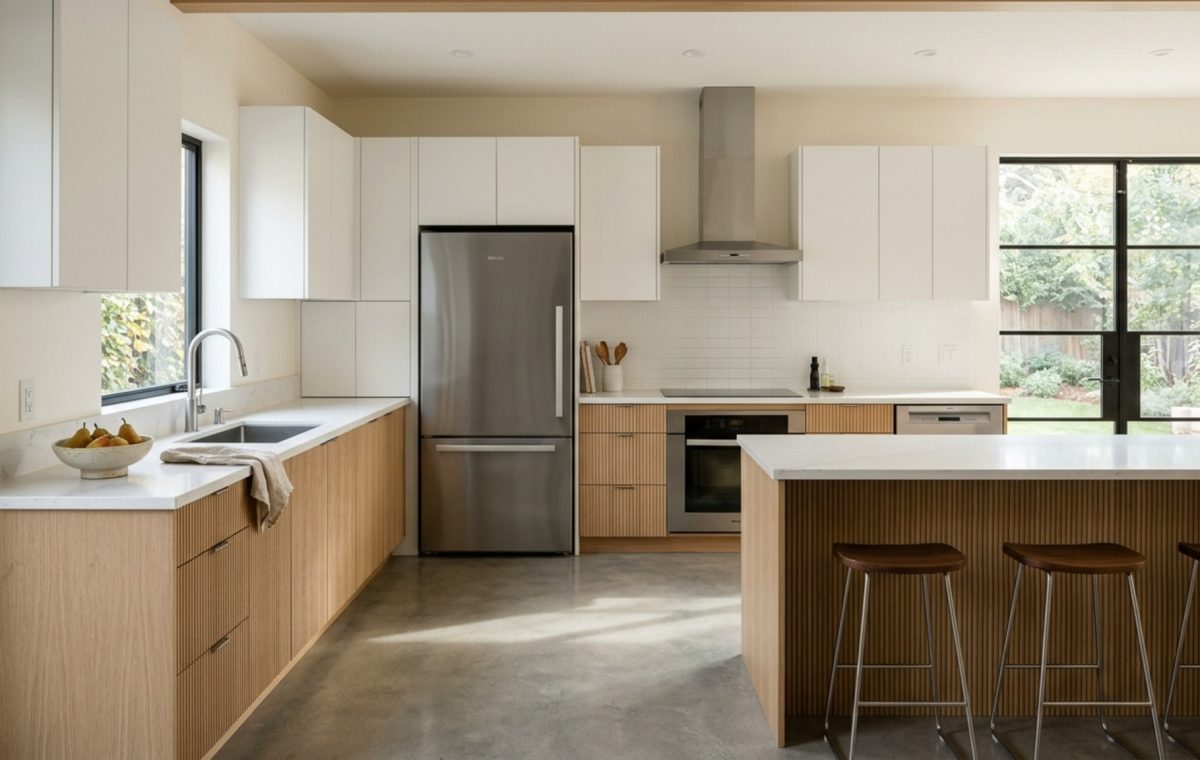 kitchen work triangle optimization visualized in a high-end L-shaped kitchen featuring a Wolf range and Sub-Zero refrigerator with 42-inch clear aisles.