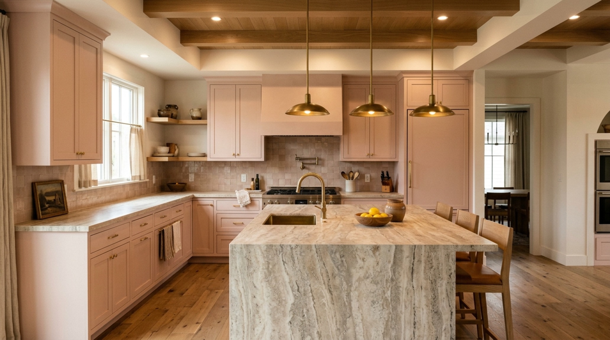 open concept l-shaped kitchen with island crafted from monolithic Silver Travertine stone and fluted white oak cabinetry in a sun-drenched modern home.