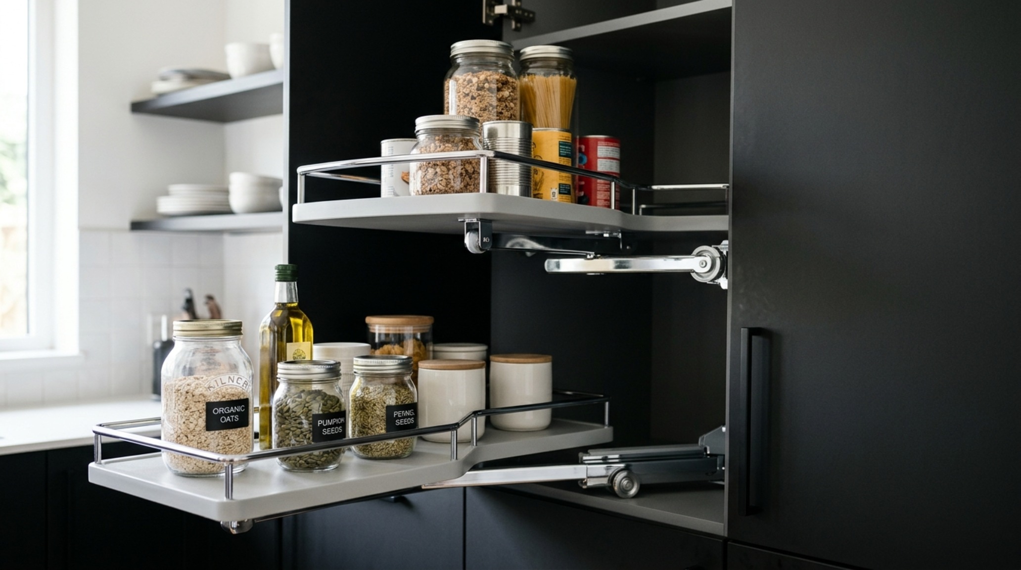 corner cabinet storage solutions featuring a sophisticated Hafele LeMans pull-out system integrated into matte charcoal kitchen units.