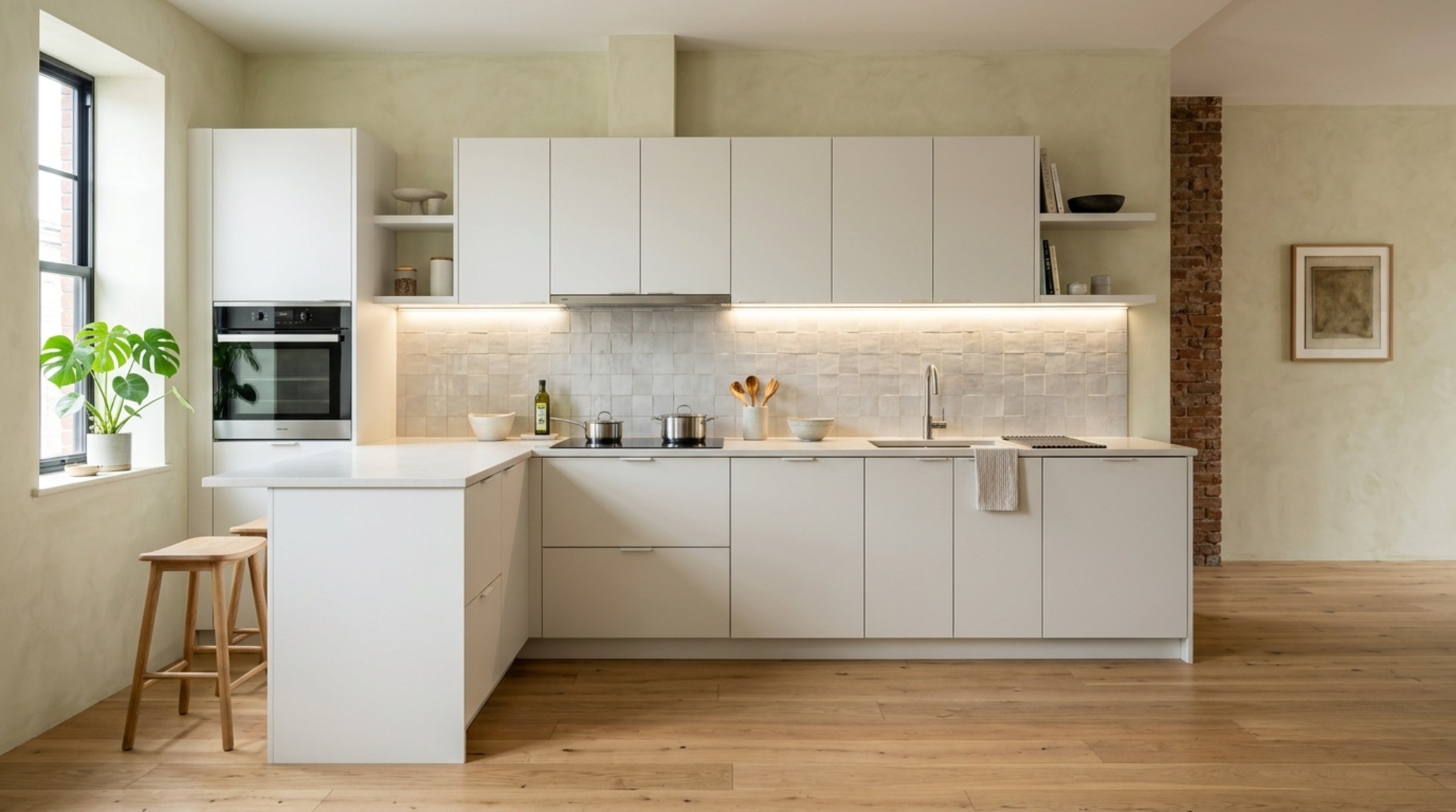small l-shaped kitchen layout ideas emphasizing verticality with Benjamin Moore Swiss Coffee upper cabinets and a handmade Zellige tile backsplash.