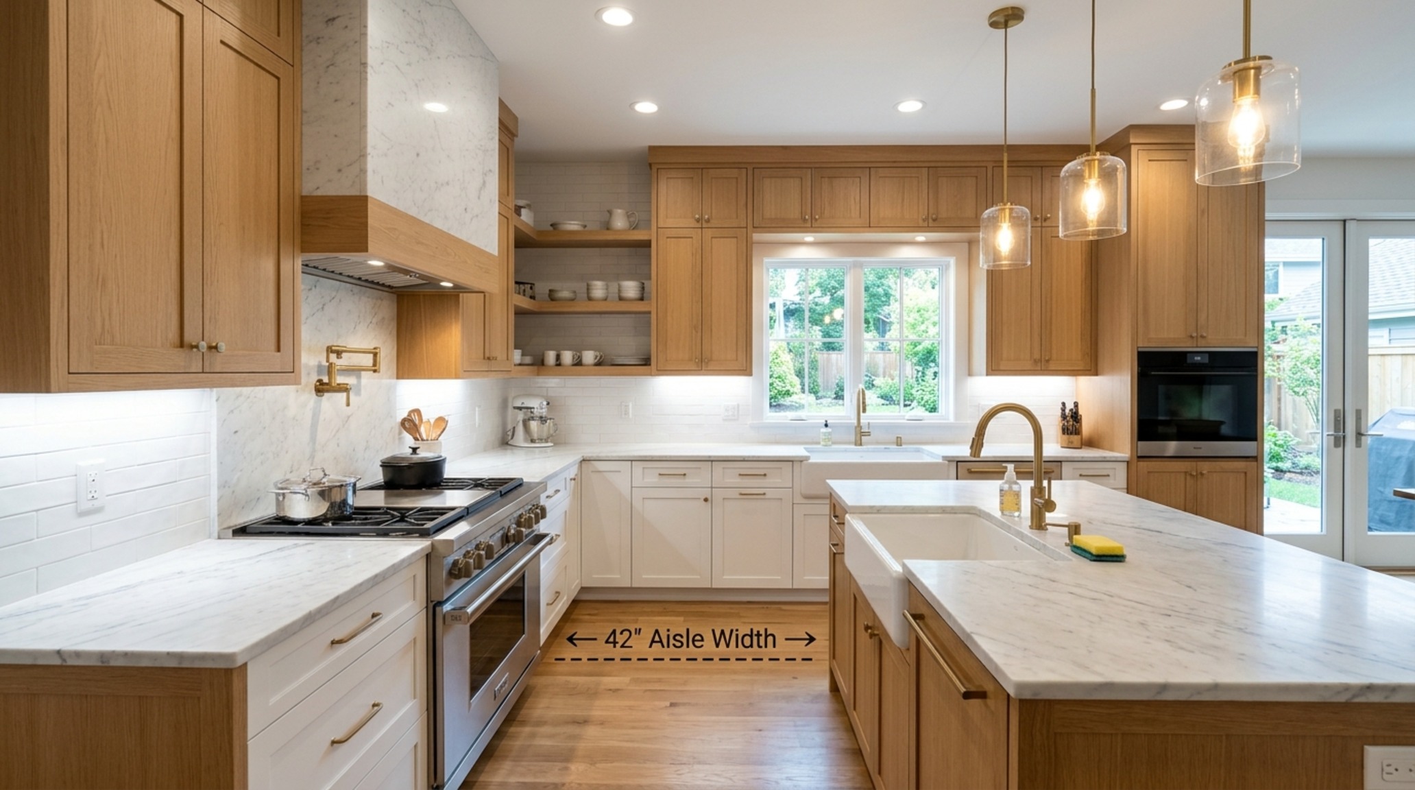 l-shaped kitchen dimensions and clearances showing 36-inch standard walkways and an 18-inch appliance height clearance under warm 2700K lighting.
