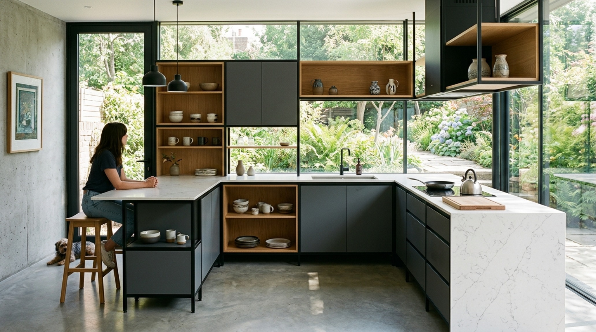 modern l-shaped modular kitchen layout showcasing a kit-of-parts design with open shelving and integrated panel-ready appliances.
