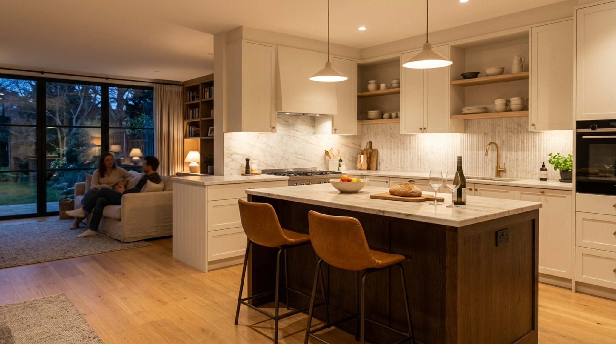 open concept l-shaped kitchen with island featuring a waterfall marble edge and designer brass stools for social engagement.