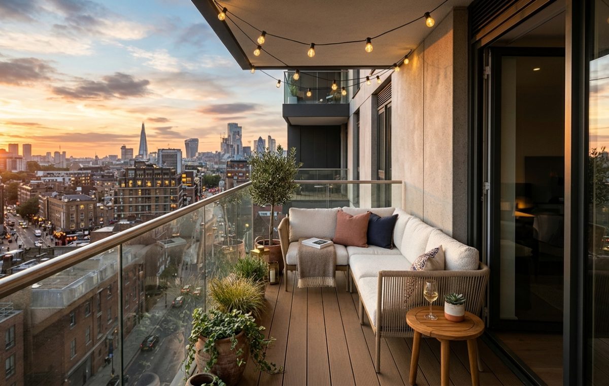 A narrow apartment balcony with a slim-profile modular sectional and warm 2700K solar string lights, showcasing small apartment balcony ideas.