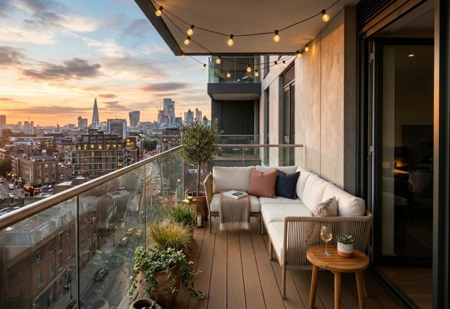 A narrow apartment balcony with a slim-profile modular sectional and warm 2700K solar string lights, showcasing small apartment balcony ideas.