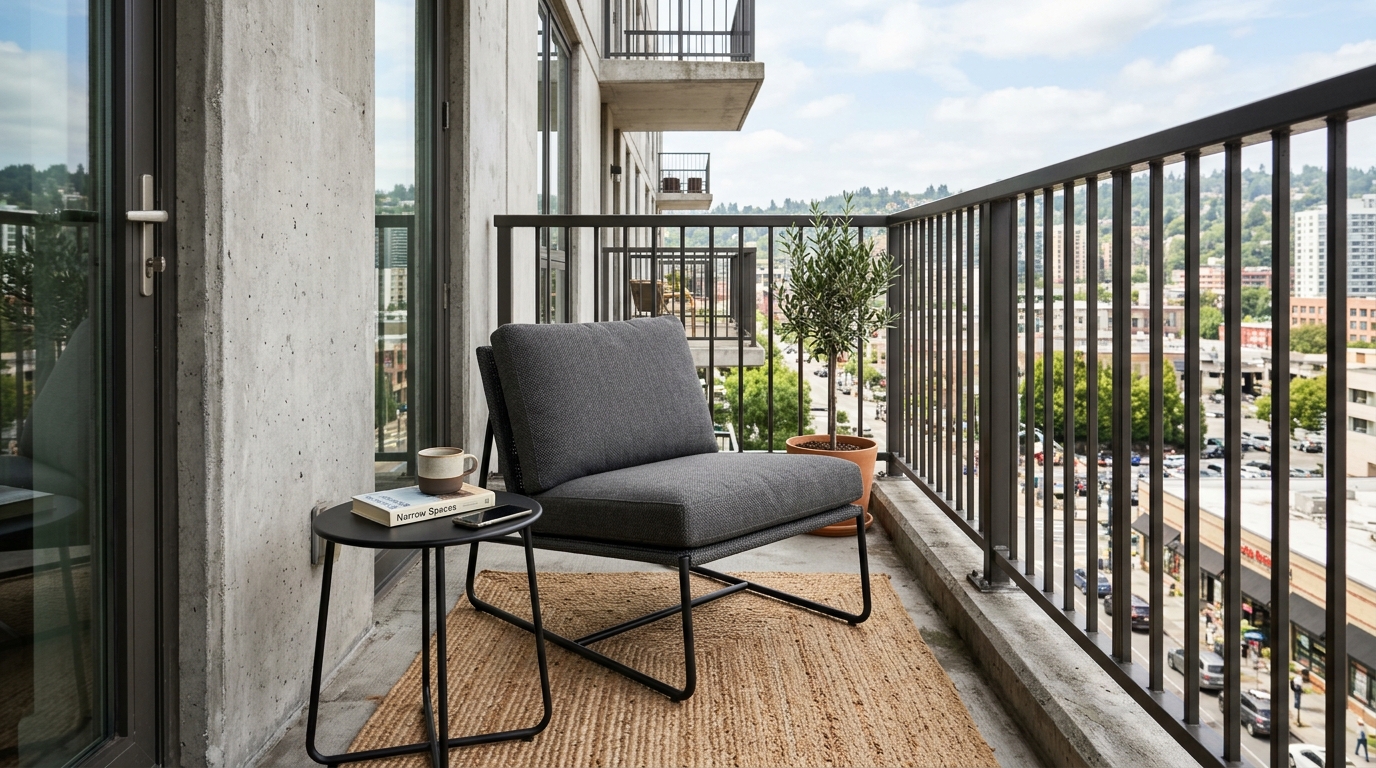 Small balcony seating ideas featuring a deep-seated lounge chair with a slim 28-inch depth frame.