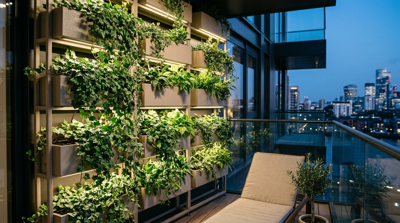 Vertical garden on a narrow balcony using powder-coated aluminum planters and trailing vines.
