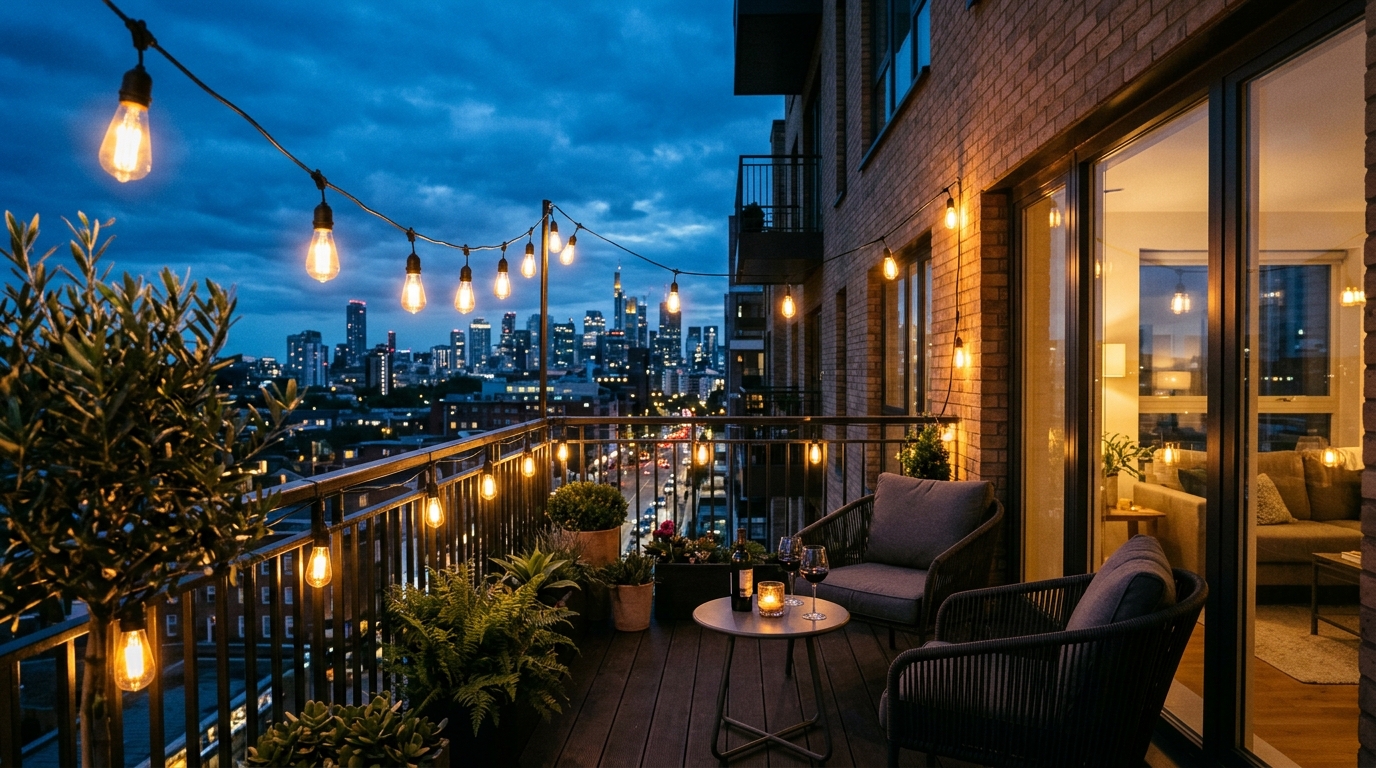 Cozy outdoor balcony string lights reflected in a glass sliding door during twilight.