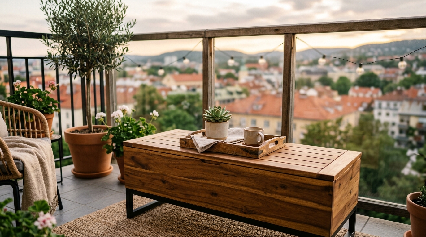 A storage bench in warm teak wood used as a coffee table on a narrow apartment terrace.