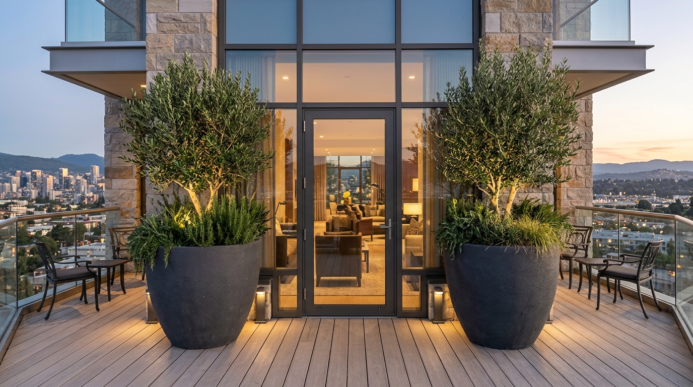 Symmetry in design: matching planters flanking a glass door on a high-rise balcony.