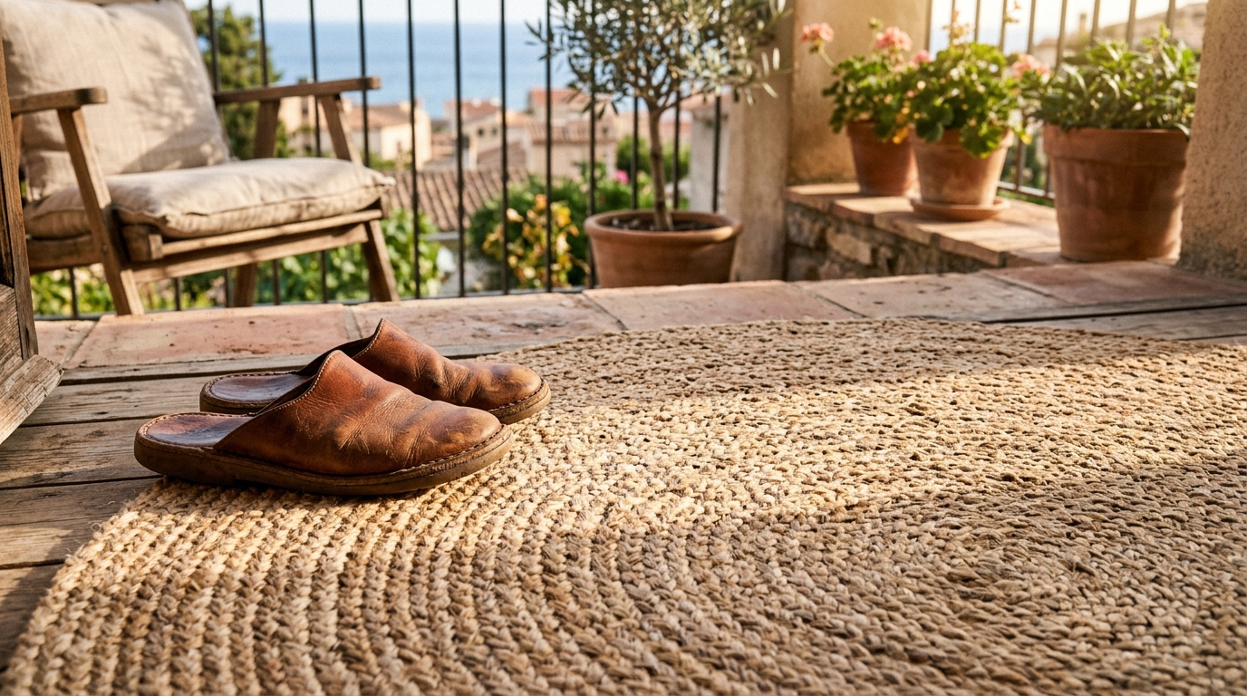 Tactile grounding: a jute outdoor rug on a concrete balcony floor with neutral tones.
