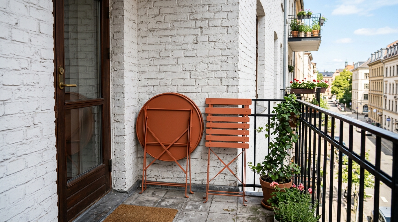 Folding outdoor bistro set for renters in a soft terracotta powder-coated finish.