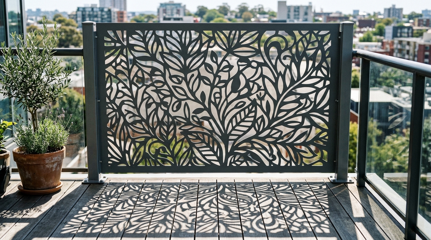 Modern balcony privacy ideas featuring a laser-cut metal screen with geometric patterns.
