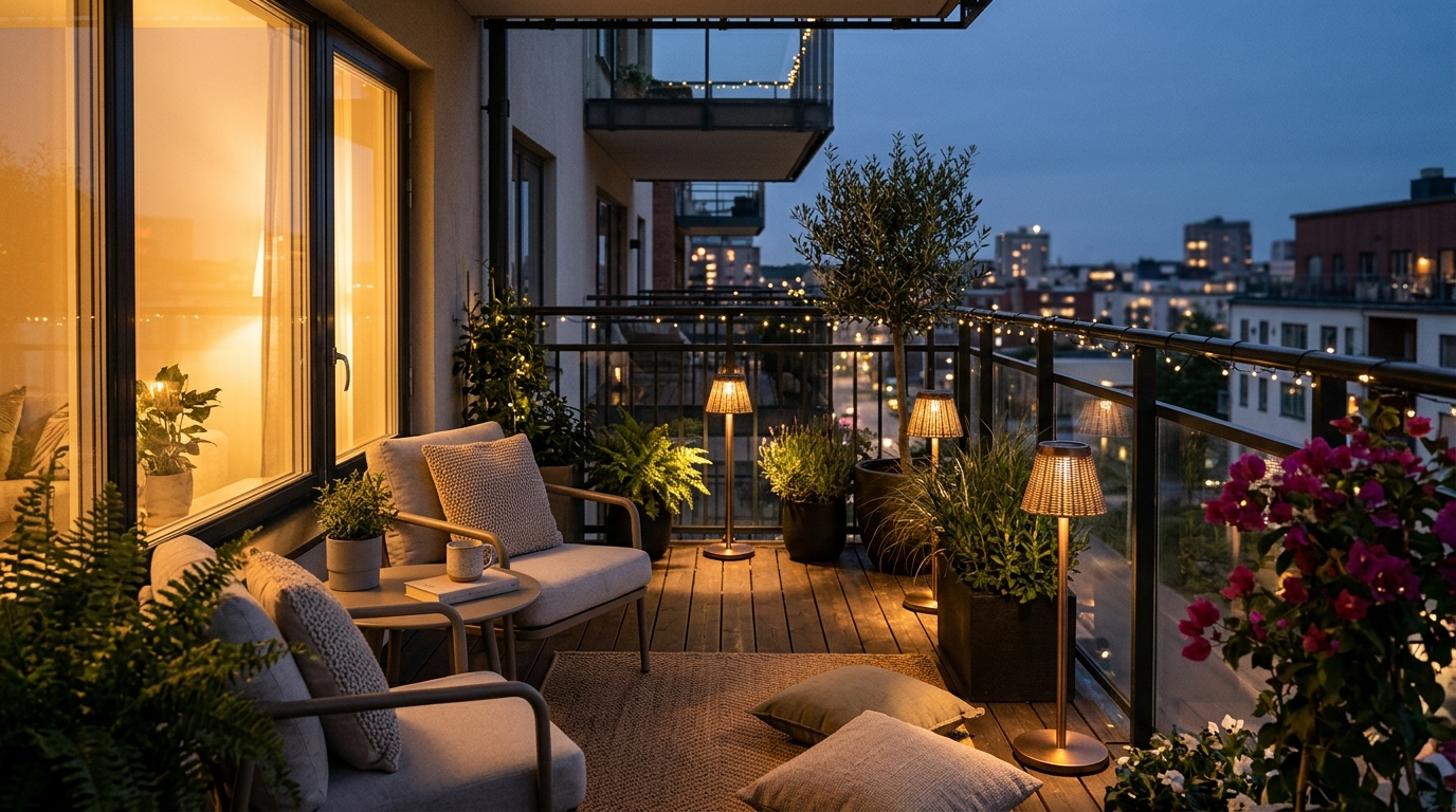 Layered lighting scheme with solar-powered floor lanterns and overhead warm LEDs.