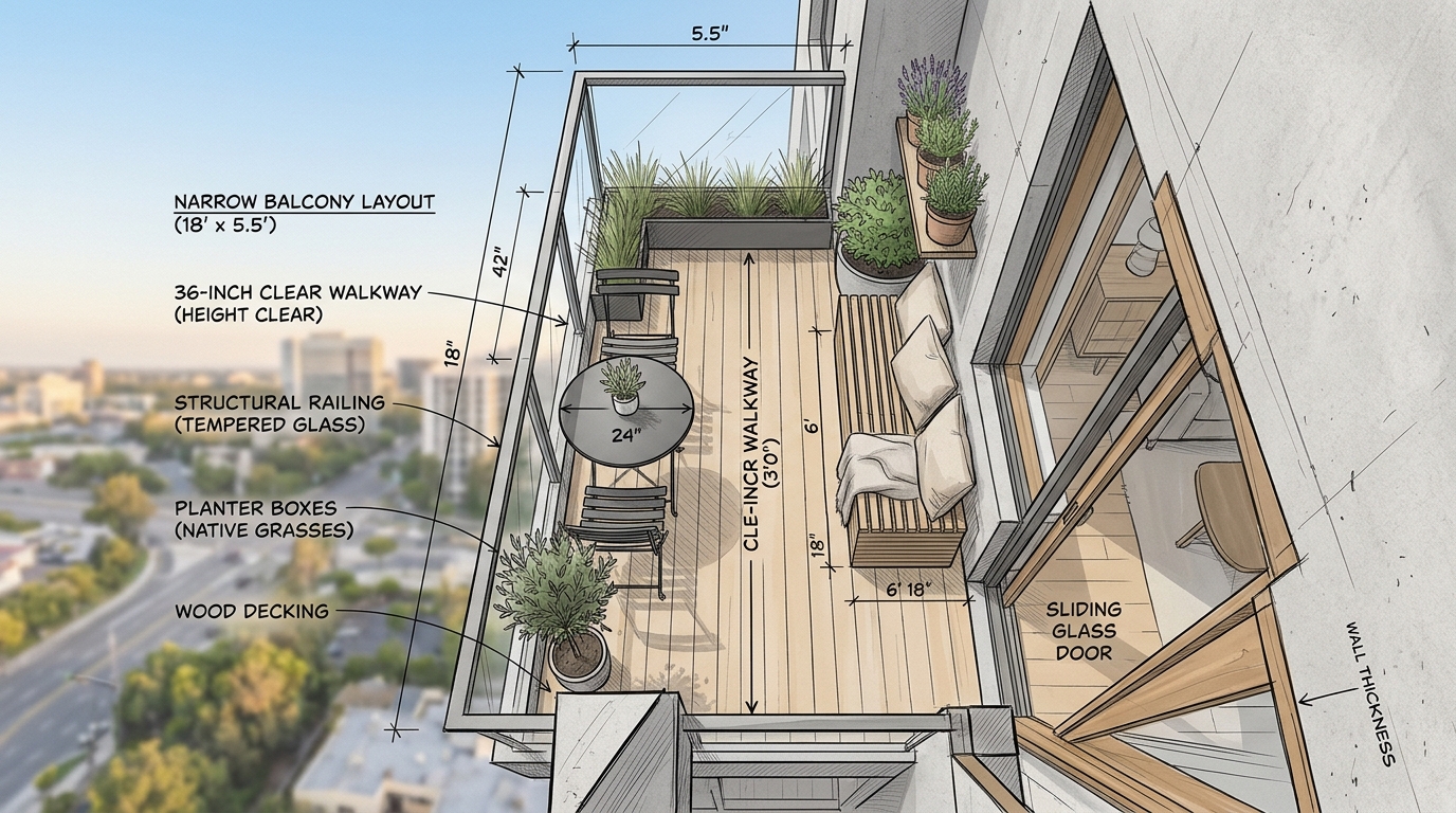 Architectural floor plan view of a narrow balcony emphasizing 30-inch clearance paths and ergonomic furniture placement.