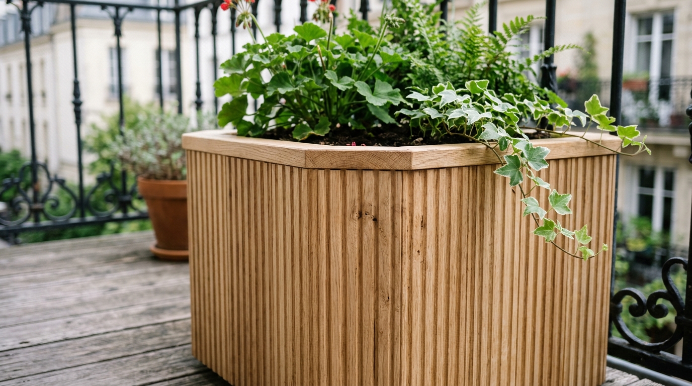 Architectural detail of a fluted oak planter box against a limewash-style balcony wall.