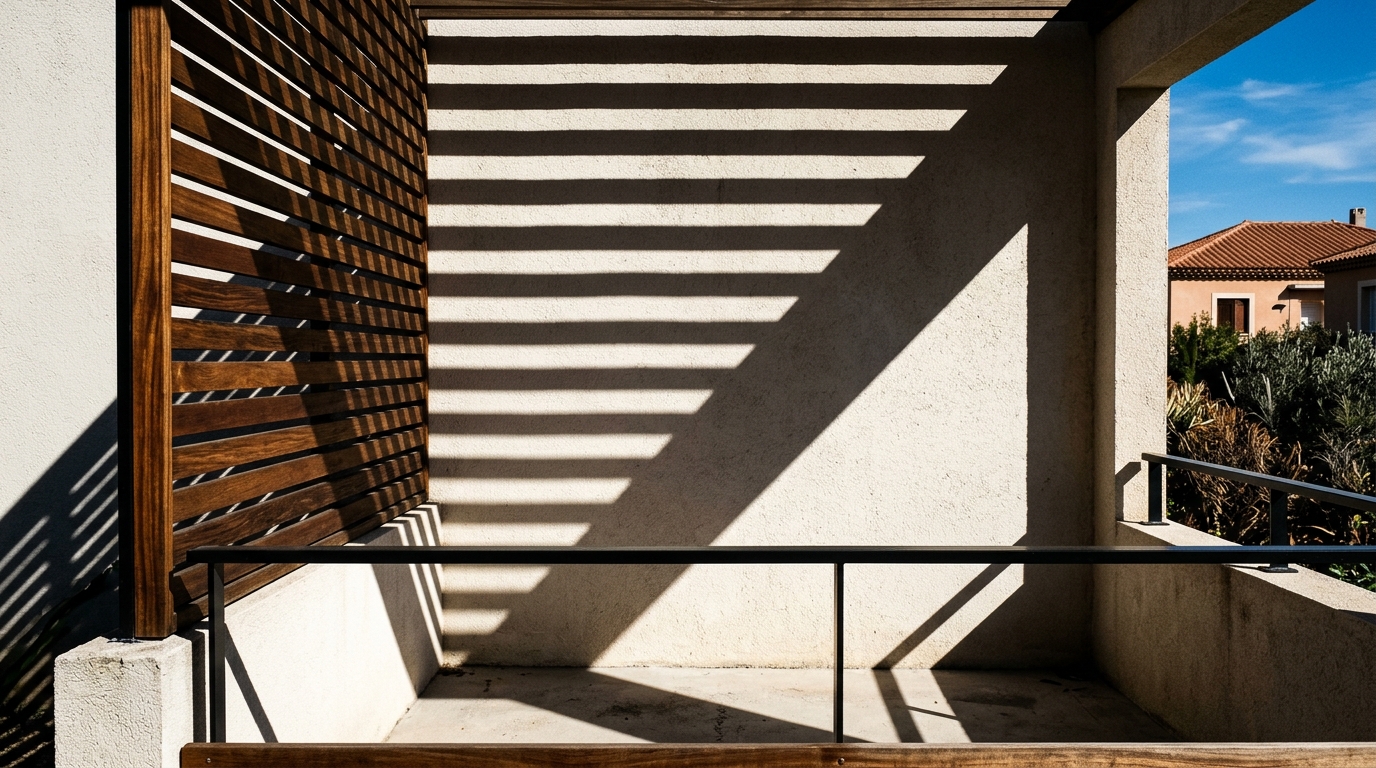 Shadow play on a balcony wall created by a slatted wood privacy screen in the afternoon sun.