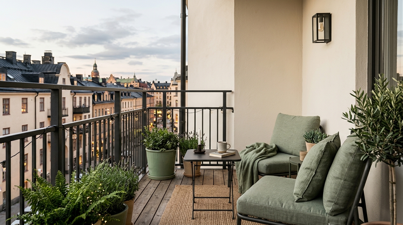 Neutral color palette balcony featuring Benjamin Moore Swiss Coffee and Slate Charcoal accents.