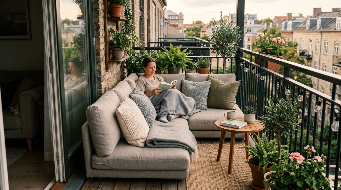 Low-profile outdoor sofa with high-density foam cushions in a weather-resistant greige fabric.