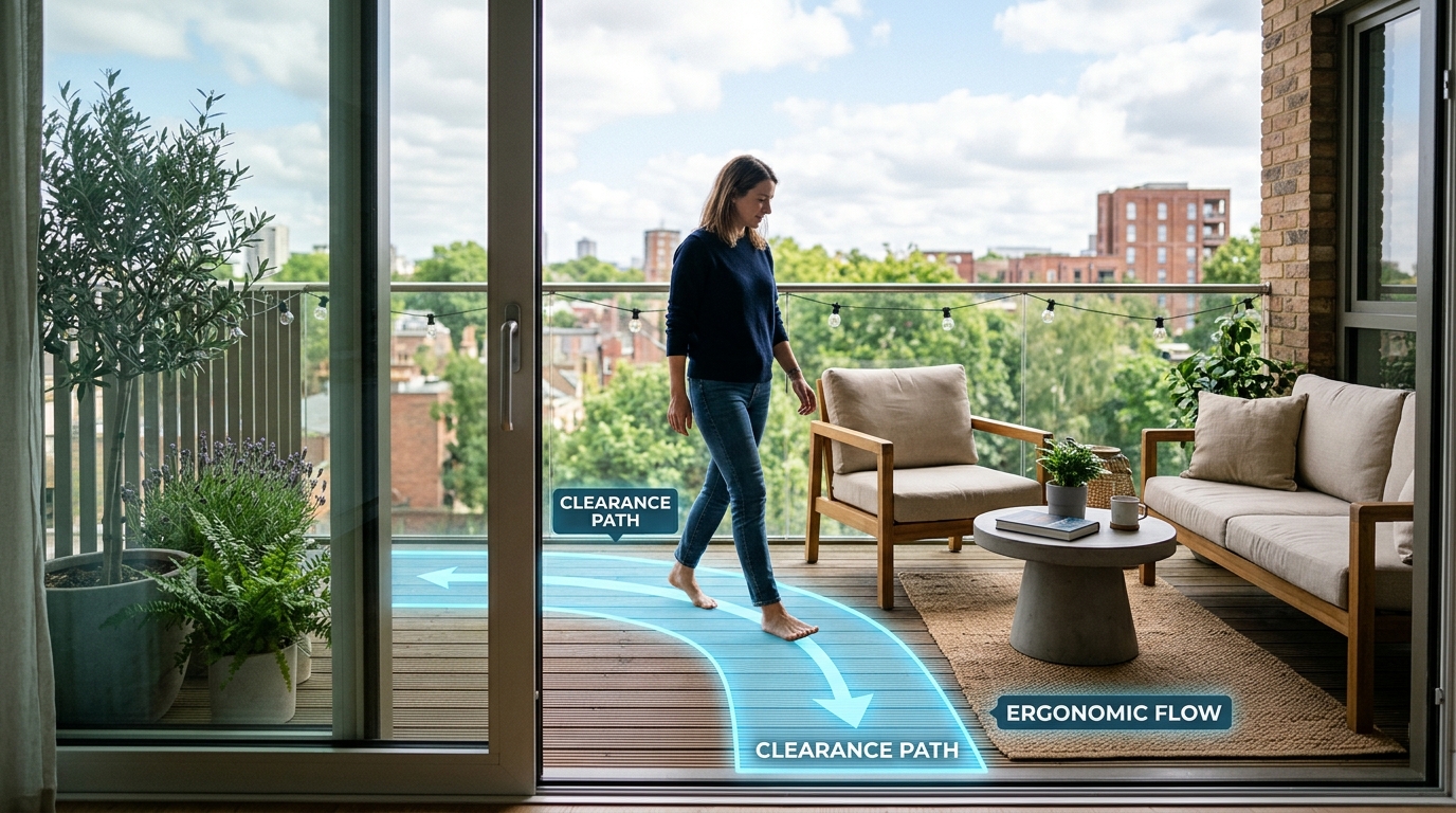 Narrow balcony furniture layout showing clear movement paths and zero-clutter design.