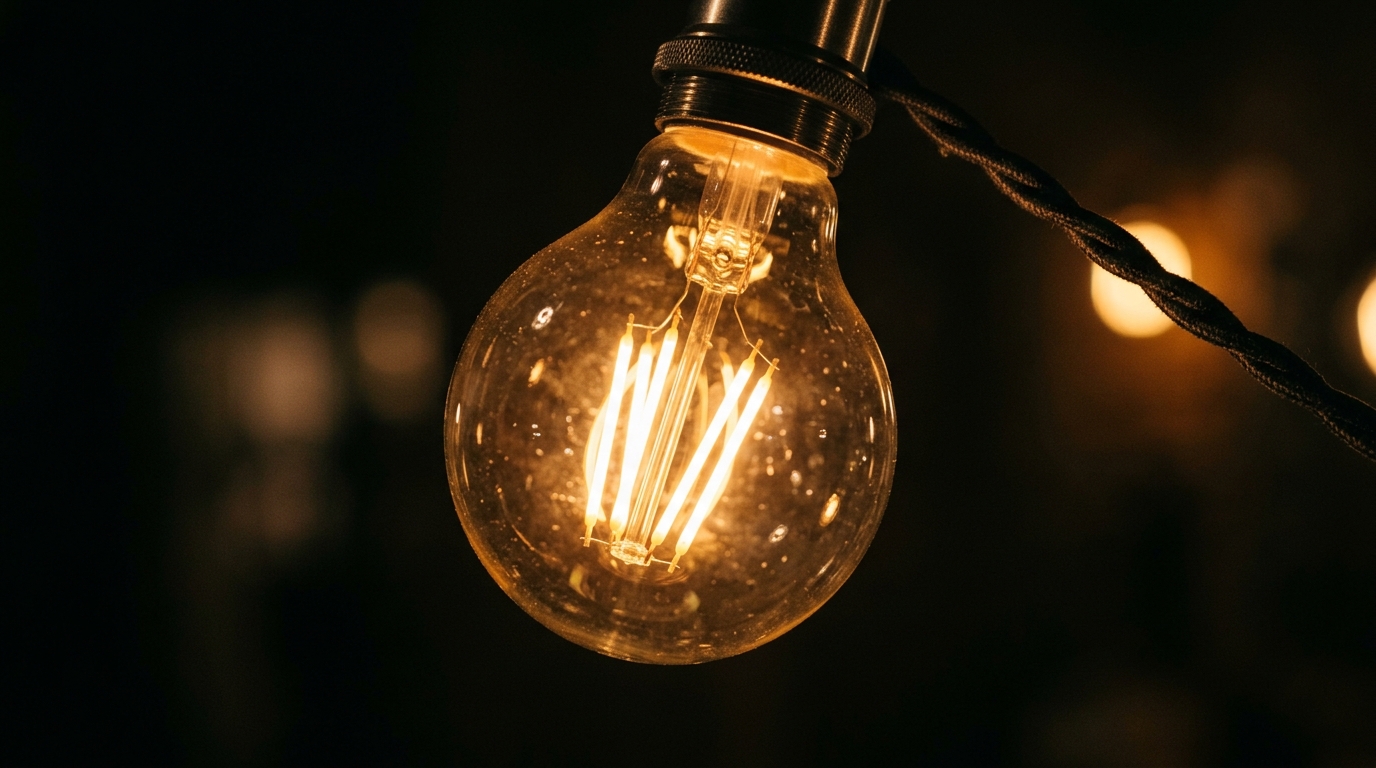 Close-up of a high-CRI solar string light bulb against a sunset sky background.