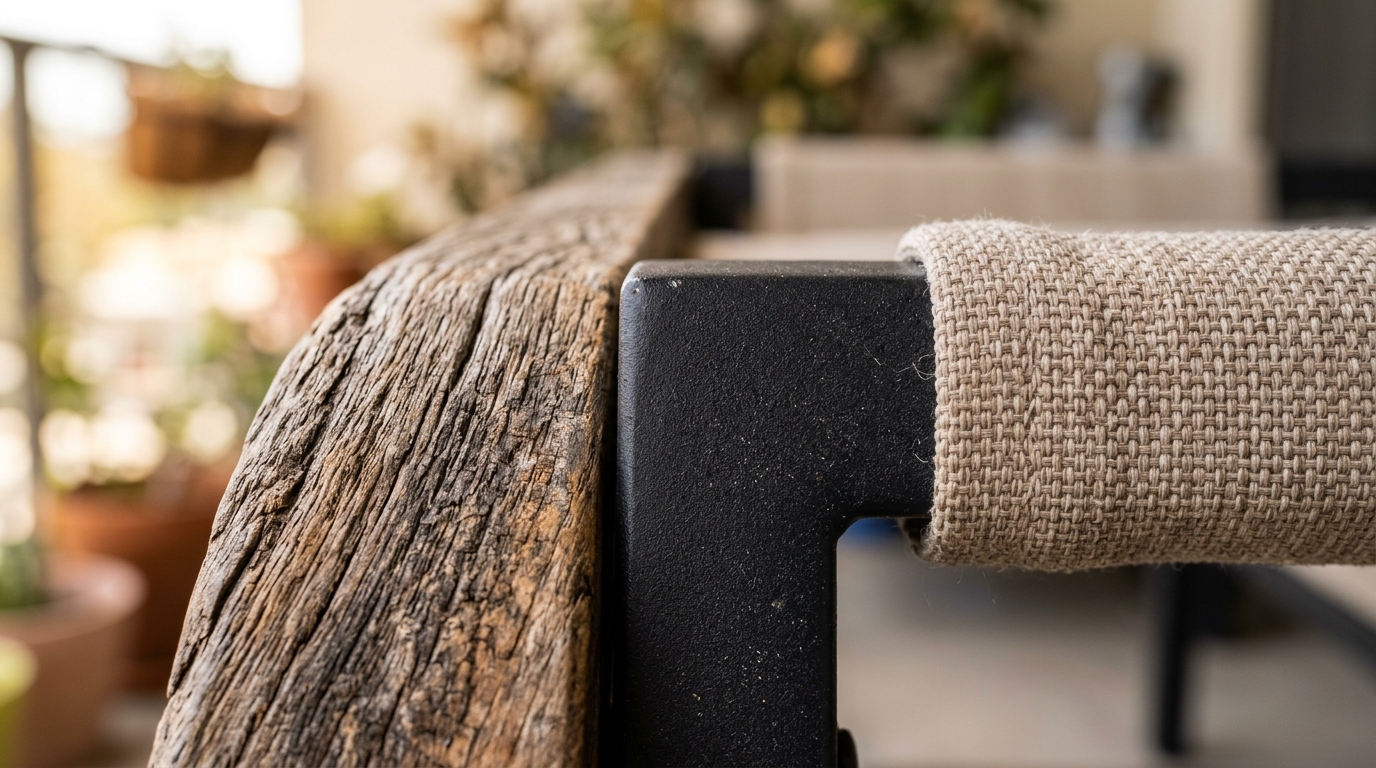 Close-up of tactile materials including fluted acacia wood and weather-resistant resin rope weave on a balcony chair.