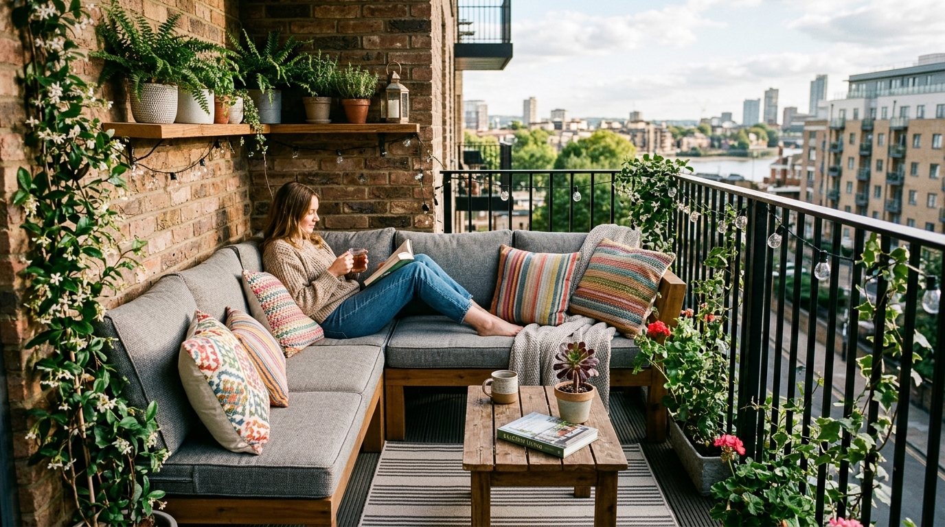 Corner-anchored sectional sofa maximizing the footprint of a small urban balcony.