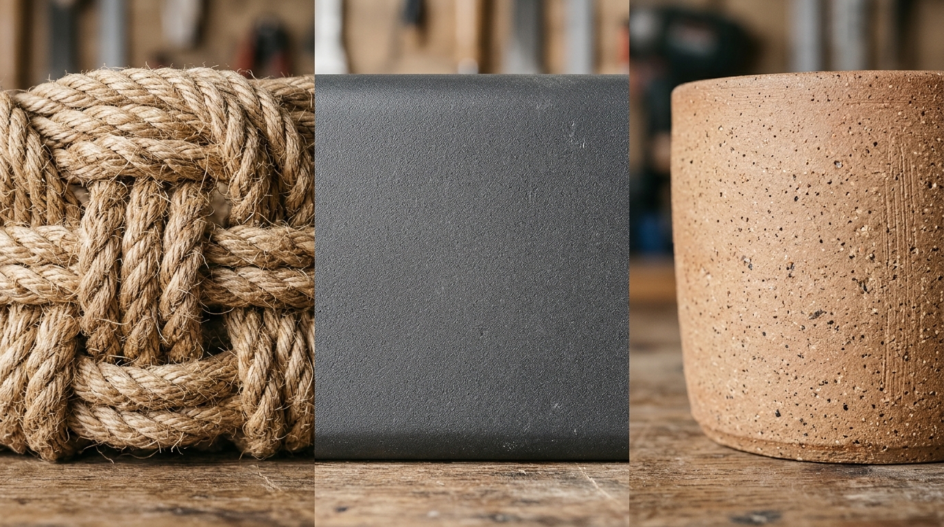 Texture study: brushed metal, soft linen cushions, and rough-hewn stone on a terrace.