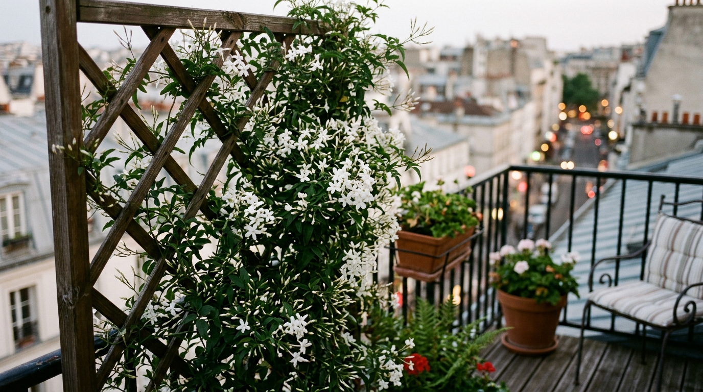 Apartment balcony privacy ideas using a tall trellis and climbing jasmine vines.
