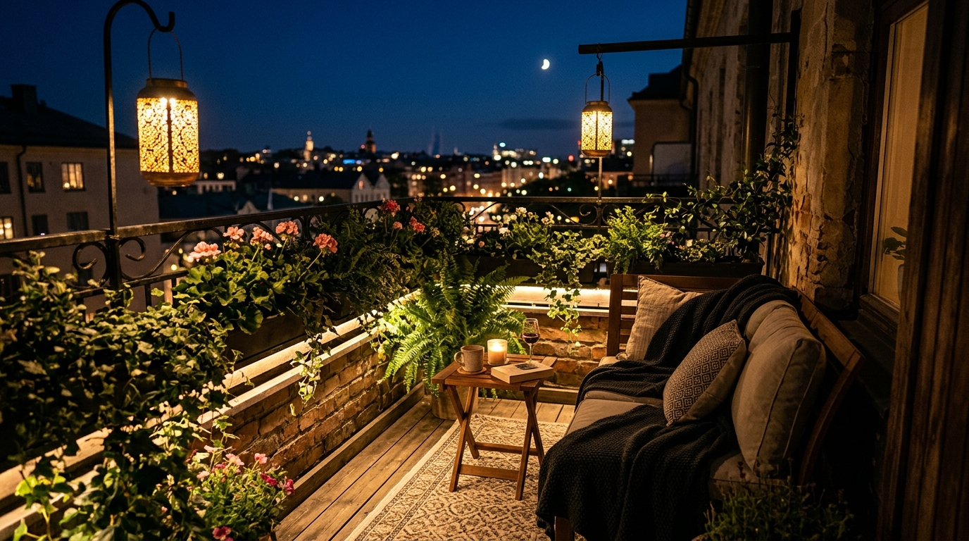 Evening shot of a balcony featuring 2700K warm ambient lighting and high CRI solar lanterns for an atmospheric mood.