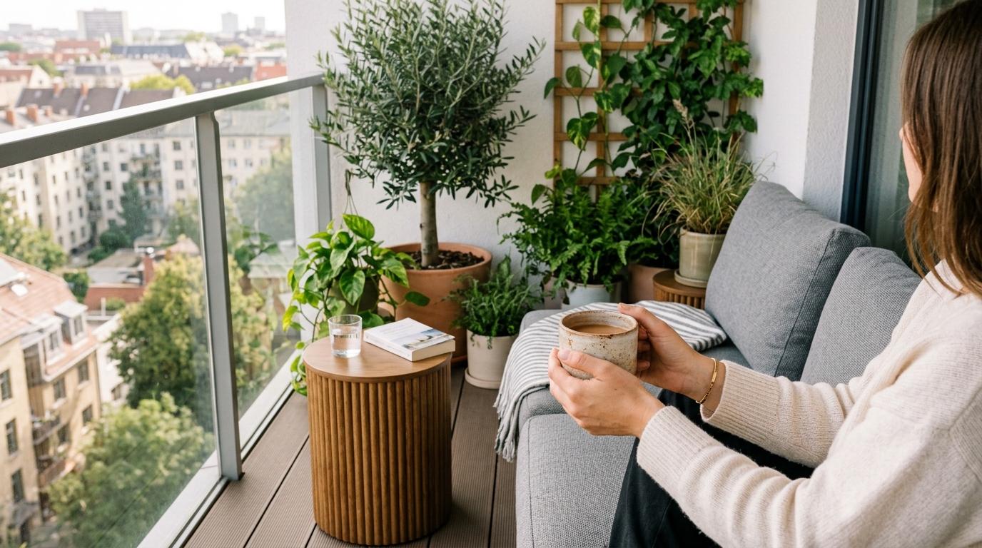 A person reading on a compact L-shaped modular sofa, demonstrating functional living on a narrow urban terrace.