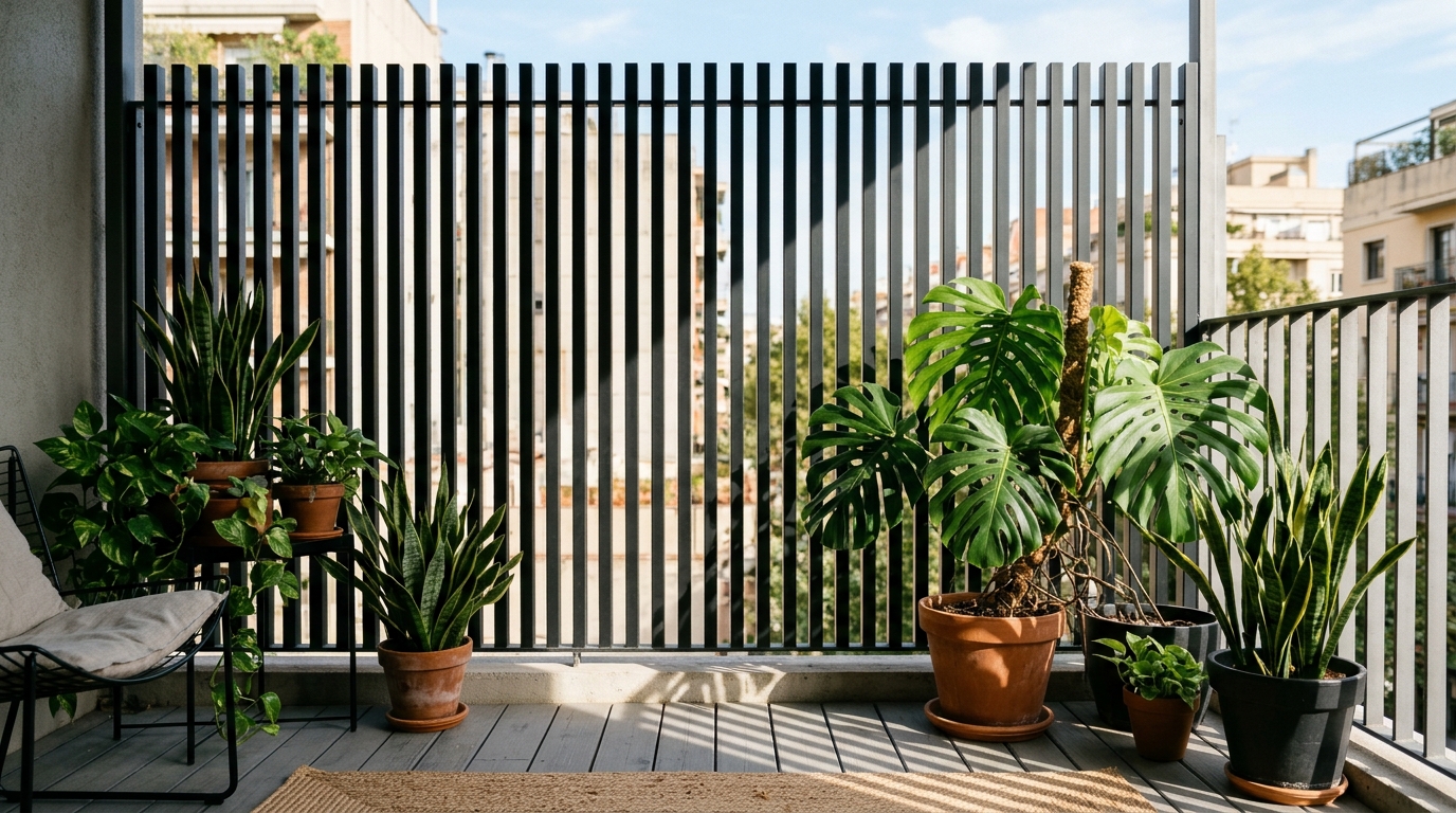 Minimalist balcony design featuring a matte black privacy screen and biophilic plant layers.