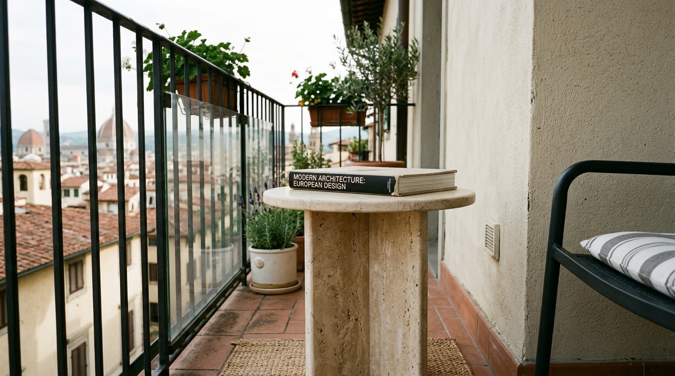 Honed travertine side table on a small balcony with sun-drenched architectural shadows.