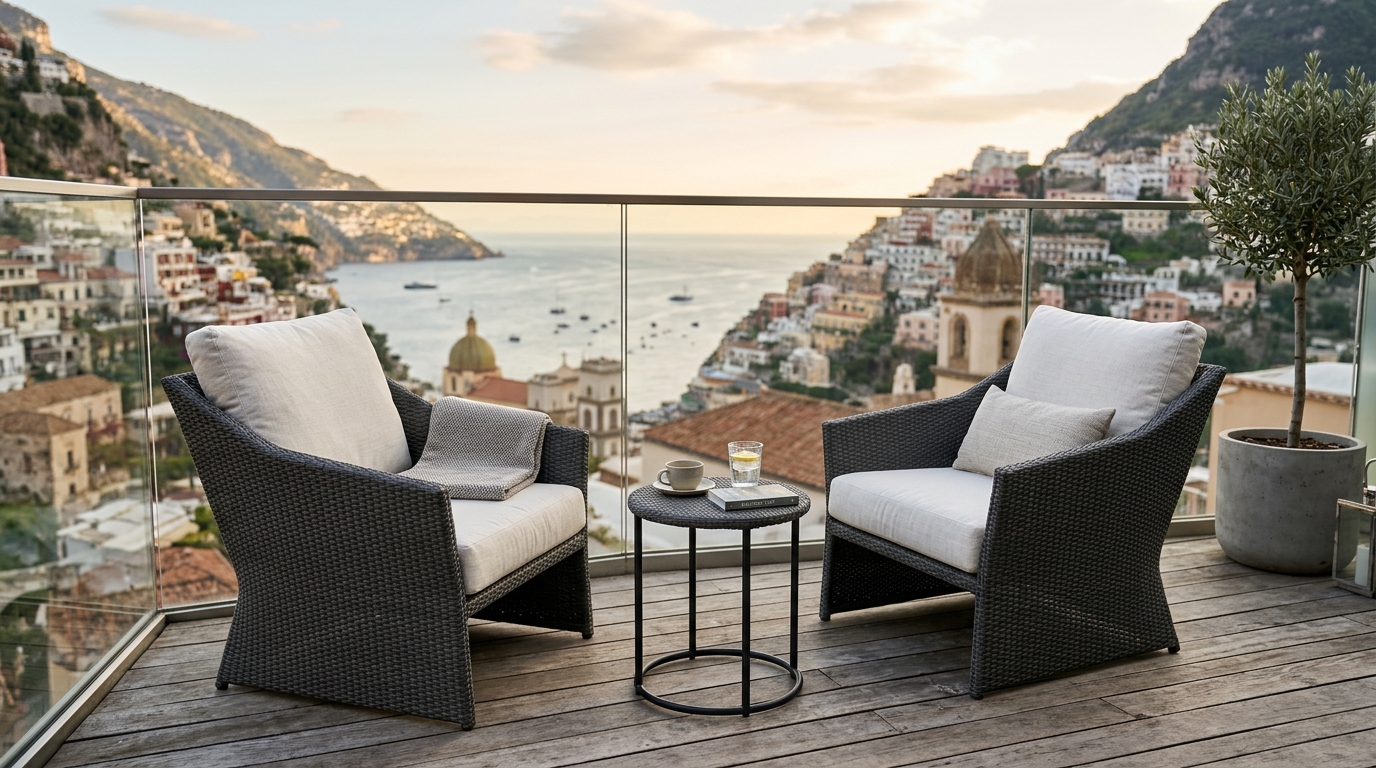 Detail of a weather resistant rattan balcony set in a contemporary 'micro-weave' pattern.