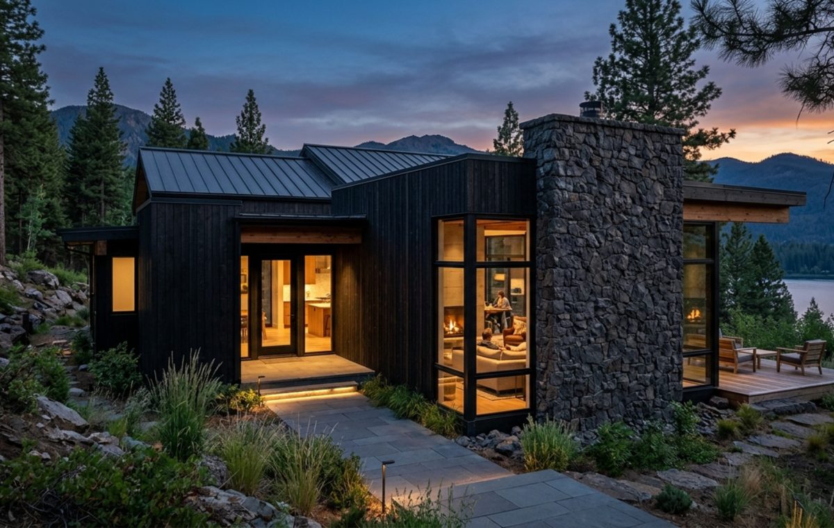 Stone and wood exterior textures featuring dark basalt dry-stack masonry and charred cedar cladding on a modern mountain home design.