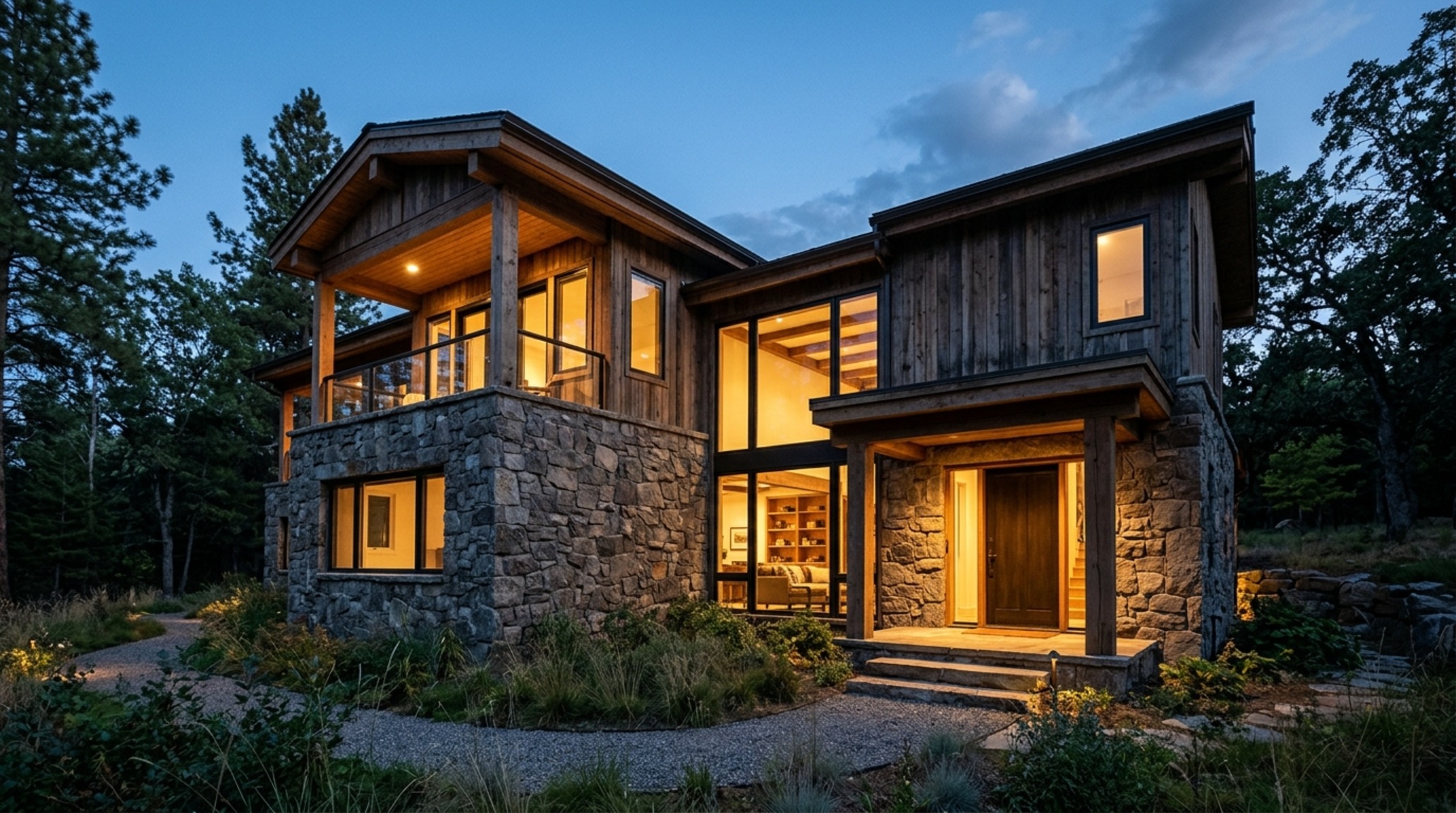 Stone and wood exterior textures at twilight showing the glow of interior 3000K task lighting through massive glass panes.