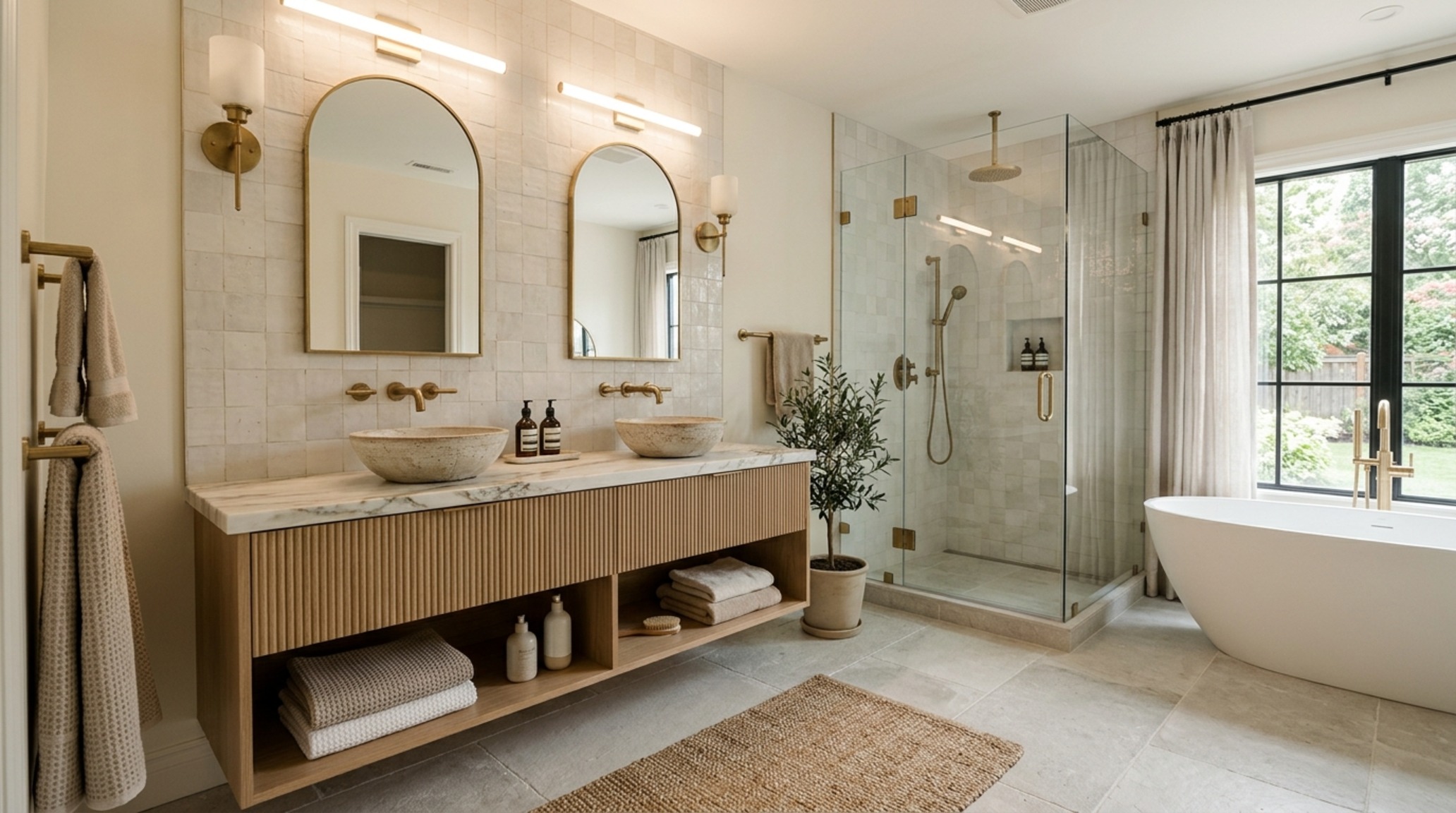 Contemporary farmhouse interior trends seen in a master bath with a fluted oak vanity and honed travertine countertops.