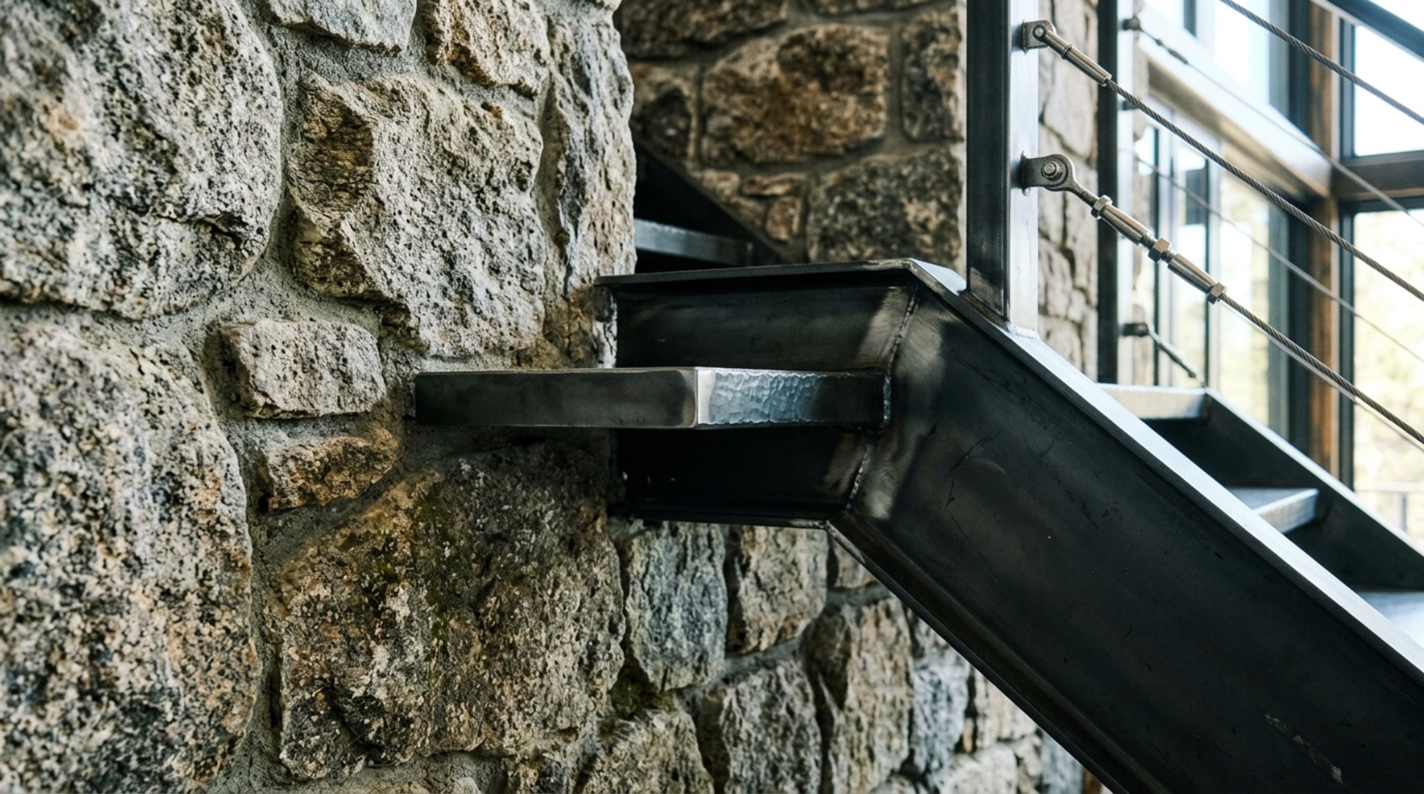 Luxury cabin architectural details showcasing a custom steel and timber staircase with open treads to maintain sightline alignment.