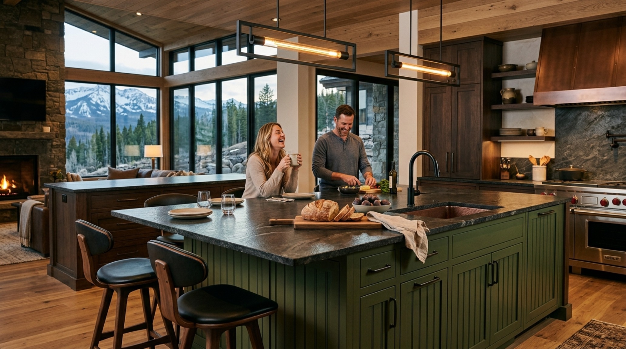 Modern mountain home design kitchen with a saturated navy island and hammered copper hardware under high CRI 90+ lighting.